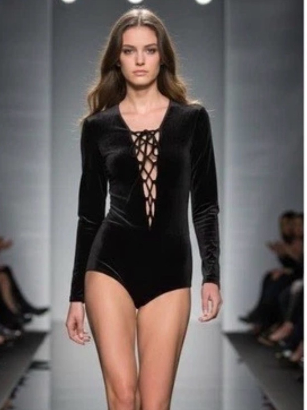 Reformation Long Sleeve Brown Velvet Lace-Up Bodysuit
